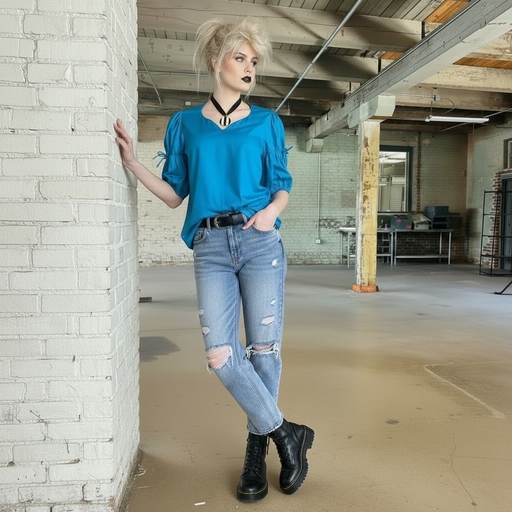 Vintage 70s Peasant Blouse Blue Poet Sleeve Boho Top Medium